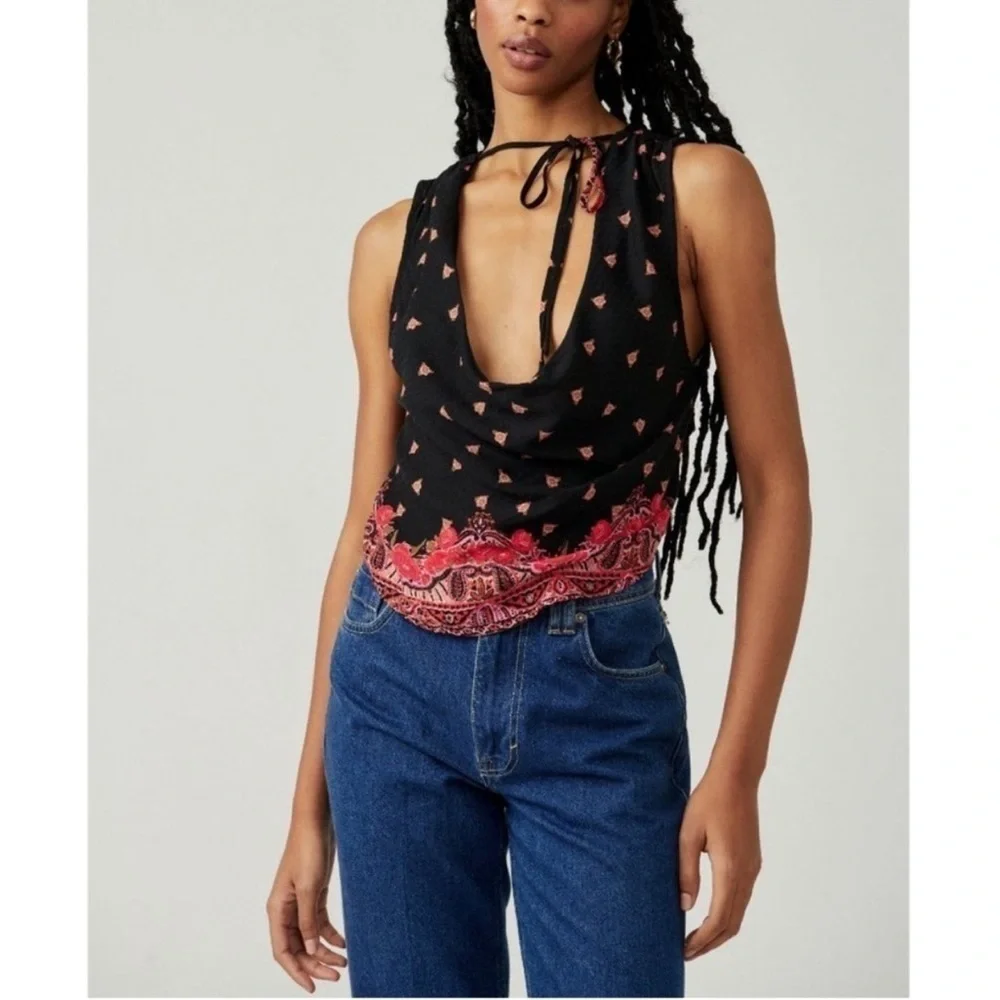 NWOT FREE PEOPLE Silas Printed Cowlneck Top / Black Combo